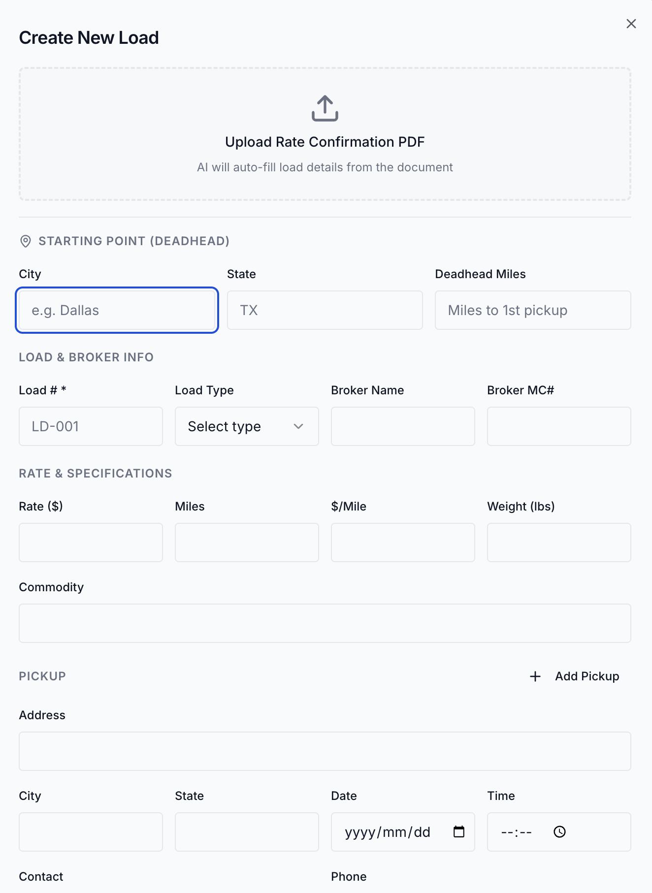 CarrierBliss — Create New Load form with AI rate confirmation upload